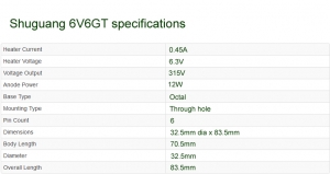 Shuguang 6V6GT valve specifications