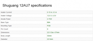 12AU7 valve Shuguang specifications